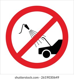 Prohibition sign with red circle and diagonal bar, forbidding washing car engine compartment with water jet.