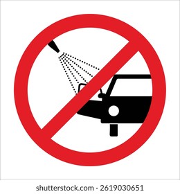 Cartel de prohibición con un círculo rojo y una barra diagonal que prohíbe lavar el interior de un automóvil con agua.