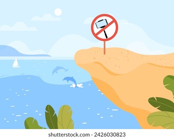 Prohibition sign with selfie stick and mobile phone on sandy ledge over sea with sailing ship and dolphins. Vector illustration.Warning sign. Selfie ban, danger of selfie concept