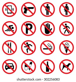 Prohibition Sign Set For Call Phone , Pistol , Entry , Swimming , Parking , Walk , Food , Running , Smoking , Ice Cream , Car , Pills , Alcohol And Dog . Vector Illustration