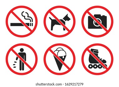 prohibition sign set at the entrance to the store, not allowed icons - no dog, icecream, photo, smoke, skates, litter