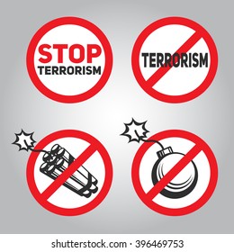 Prohibition sign with text "Stop terrorism," a stick of dynamite and bombs.
