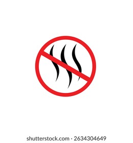 Prohibition sign with three black heat or steam lines crossed out by a red circle and slash. Concept icon representing no heat, no steam, or anti-odor. Ideal for warnings or safety labels.