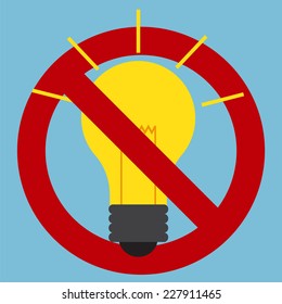 Prohibition sign of use of incandescent light bulbs. No ideas metaphor. Vector illustration. Flat design 