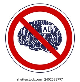 Prohibition sign of using artificial intelligence. Vector illustration.