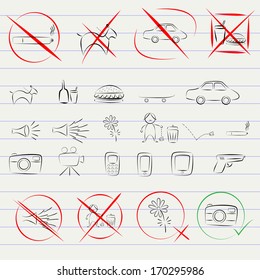 prohibition sign vector icon set, line art