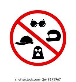 Prohibition sign vector illustration showing forbidden items like sunglasses, cap, helmet, and face mask. No face covering accessories allowed in restricted area.
