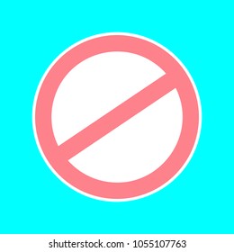 Prohibition sign. Vector. Magenta icon with white sticker contour at sky blue background. Isolated.