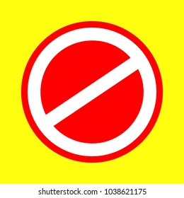Prohibition sign. Vector. White flat icon inside red circle at yellow background. Isolated.
