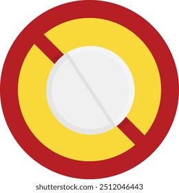 Prohibition sign with a white round pill. Caution symbol against using unknown pills 