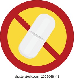 Prohibition sign with a white unknown pill. Caution symbol against using unknown pills 