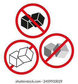 Prohibition signs with 3D cubes. No boxes or blocks allowed symbols. Vector restriction icons. Red and black design.