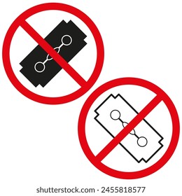 Prohibition signs for blades and razors. No sharp objects allowed symbols. Vector caution icons.