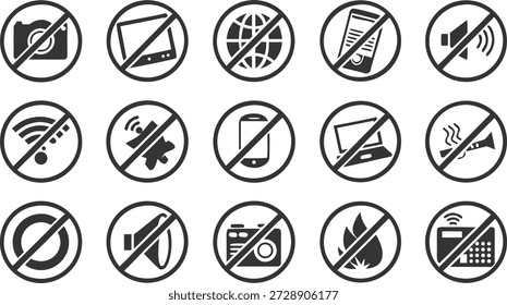 Prohibition Signs: A collection of concise, graphical signs communicating the strict do not rules. Representing devices, activities, and other items