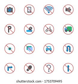 Prohibition Signs Collection, Flat Icons Set, Colorful Symbols Pack Contains - No Photography, Parking, Car, Bicycle, Turn Right, Wifi Signal, Stop Walking. Vector Illustration. Flat Style Design