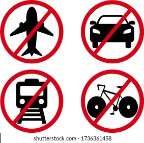 Prohibition signs. forbidden to fly around. It is forbidden to drive a car. It is forbidden to travel by train. it is forbidden to ride a bicycle.