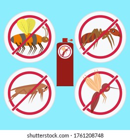 Prohibition signs with insects. Repellent spray insect in a bottle. Protection from the mosquito, cockroach, ant. Aerosol for bug bite prevention. Vector illustration.