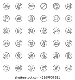 Prohibition signs line icons set. Linear style symbols collection, outline signs pack. Standard prohibition signs vector graphics. Set includes icons as Forbidden, Restricted Area, Stop, No Parking