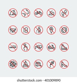 Prohibition signs linear vector icon set