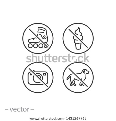 prohibition signs, no ice cream, no camera, no dog, no roller skate, forbiddens icons set, line symbols on white background - editable stroke vector illustration eps10