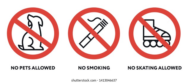 Prohibition Signs. No Pets, Smoking, Skating Allowed. Dog, Cigarette, Rollers. 