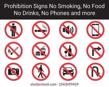 Prohibition Signs No Smoking, No Food, No Phones, No Noise. Prohibition Icon Vector Illustration