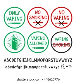 Prohibition signs. No smoking, no vaping. Allowing signs. Vaping allowed. Vector hand-drawn letters. No vape icons. No vaping prohibition sign. Handwritten font