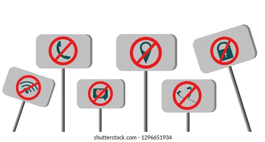 Prohibition signs on white background. Protest, revolution.Ban headphones, do not like, no cell phones, wi-fi, geolocation is prohibited.