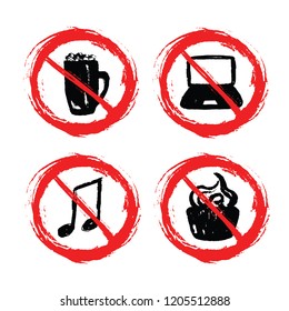 Prohibition signs - set of hand-drawn signs - beer  laptop  notes  cake - grunge