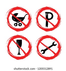 Prohibition signs - set of hand-drawn signs - carriage  parking  wine glass  wrench - grunge