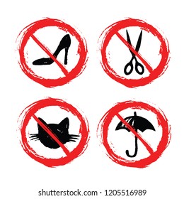 Prohibition signs - set of hand-drawn signs - high heels  scissors  cat  umbrella - grunge