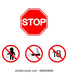 Prohibition signs, set vector illustration: eighteen, smoke, litter, garbage. Vector illustration of Stop. Can be used for institutions, public places