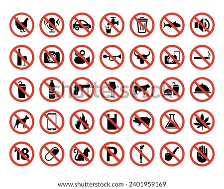 Prohibition signs, set vector illustration. Prohibition sign collection