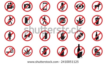 Prohibition signs, set vector illustration. Stop Signs and Icons Set. Forbidden, Prohibited and No sign vector icon set.
