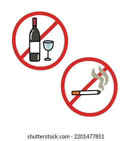 prohibition signs for smoking, drinking. no drinking, no smoking sign doodle icon, vector illustration