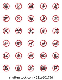 Prohibition Signs Vector Icons Set, Modern Solid Symbol Collection, Filled Style Pictogram Pack. Signs, Logo Illustration. Set Includes Icons As Do Not Touch, No Smoking, Forbidden Gun, No Entry 