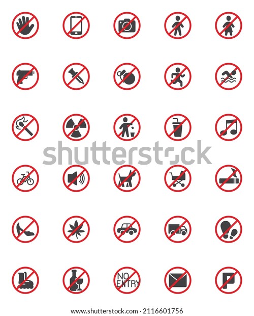 Prohibition signs vector icons set, modern solid symbol\
collection, filled style pictogram pack. Signs, logo illustration.\
Set includes icons as do not touch, no smoking, forbidden gun, no\
entry 