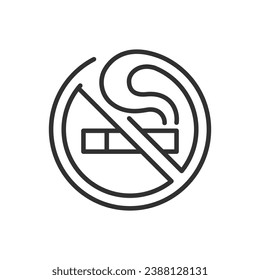 Prohibition of smoking, linear icon. A cigarette with smoke and a prohibition sign. Line with editable stroke