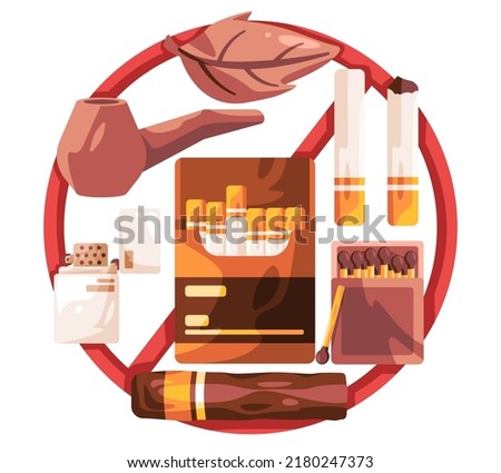 Prohibition of smoking vector illustration of lighter match box object tobaco leaf cigar
