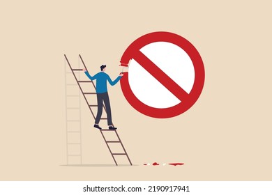 Prohibición o paro de firmar, prohibido, ilegal o no permitir, señal de atención y advertencia, concepto prohibido o ilegal, hombre de negocios sube por la escalera para pintar símbolo de prohibición en la pared.