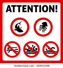 Prohibition swimming sign with text. Attention, shark and jellyfish signd. Vector illustration