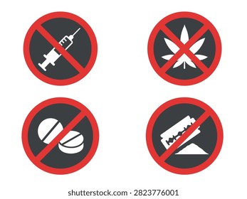 Prohibition symbol collection featuring restricted syringe medicine cannabis and blade warning icons for safety regulations healthcare compliance public information signage and instructional graphic design resources