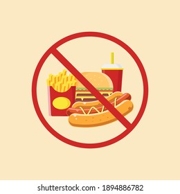 prohibition symbol eating junk food to live more healthy. junk food illustration with prohibition symbol