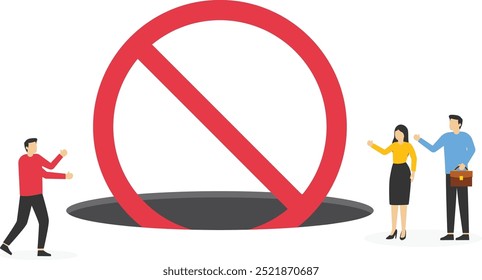 Prohibition symbol fell into a pit. Stop sign, forbidden, attention and warning sign. Vector illustration

