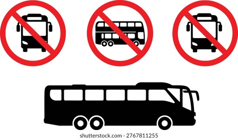 Prohibition symbols for various types of buses shown with a regular bus below Vector