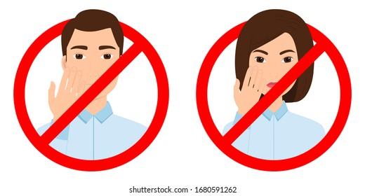 Prohibition of touching the face. Red stop signs with man and woman. Vector illustration