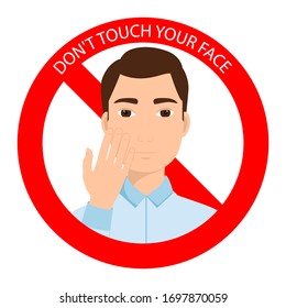 Prohibition of touching the face. Red stop sign. Vector illustration