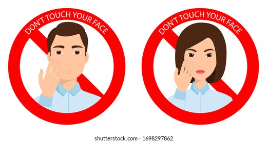 Prohibition of touching the face. Red stop signs with man and woman. Vector illustration