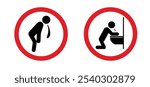 Prohibition, vomit icon. No vomiting, hangover warning sign. Sick person to vomiting in the wc. Stick figures or stickman and toilet logo. Symptoms virus infection or hungover or drunk.