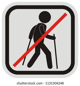 Prohibition of walking with sticks, black vector icon, silhouette of person at gray and black frame, web icon